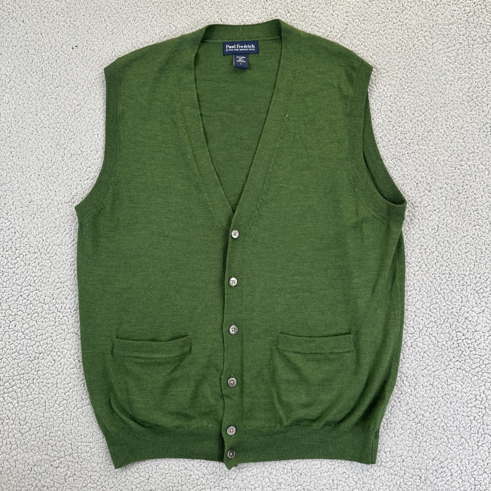 Paul Fredrick Merino Wool Sweater Vest V-Neck Cardigan Men Large Green Pockets